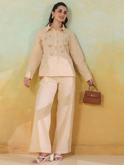 Cream Color Shirt Collar Pure Cotton Co-ords Set for Women - SanskrutiHomes 