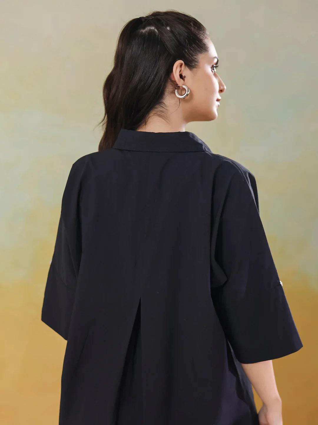 Black Color Shirt Collar Pure Cotton Co-ords Set for Women - SanskrutiHomes 