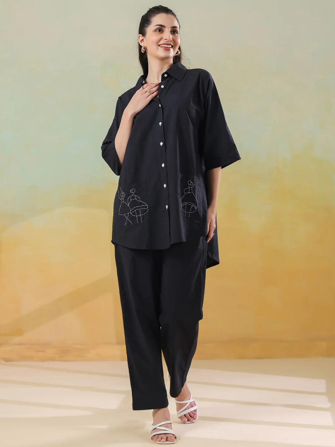 Black Color Shirt Collar Pure Cotton Co-ords Set for Women - SanskrutiHomes 