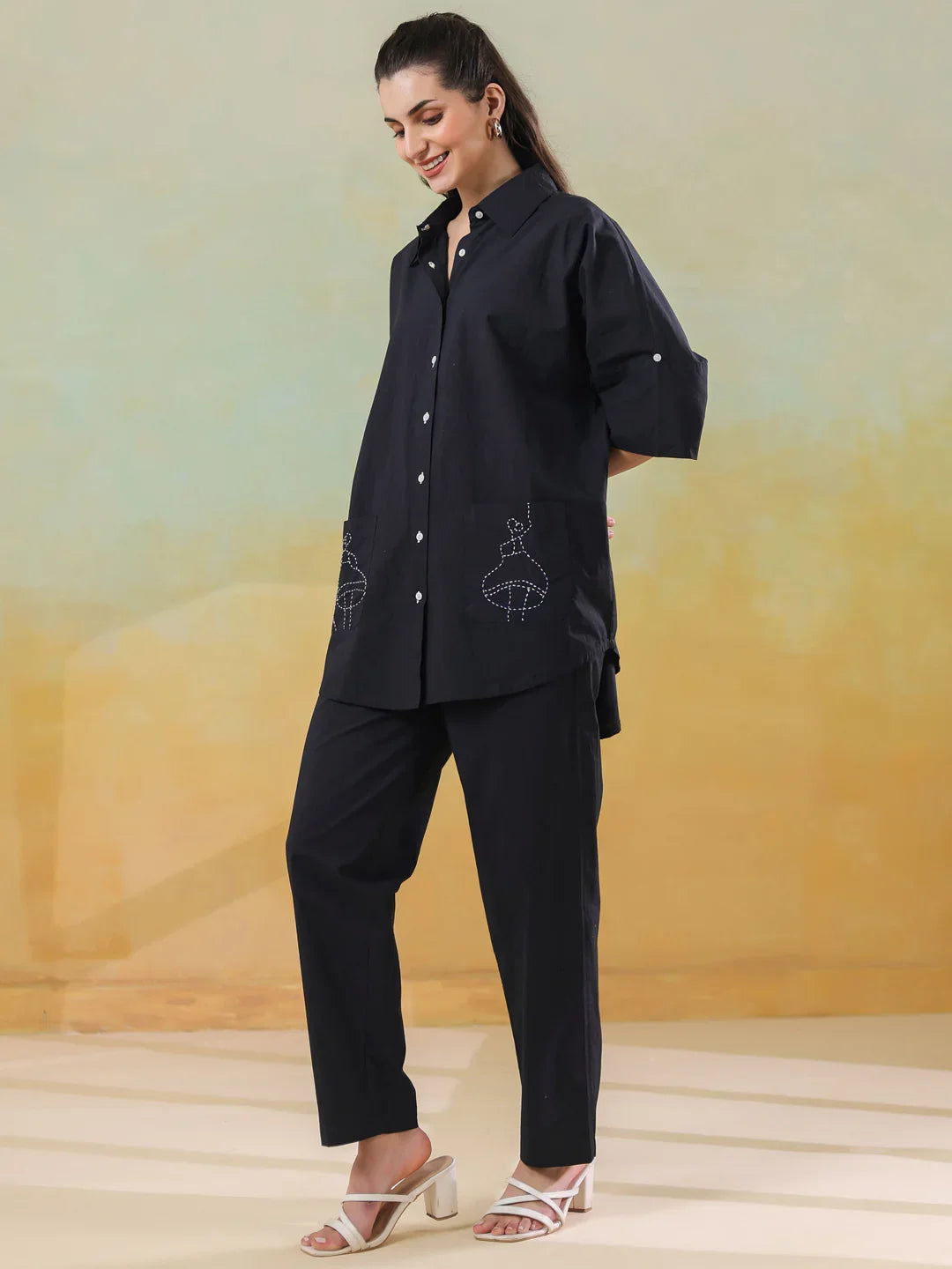 Black Color Shirt Collar Pure Cotton Co-ords Set for Women - SanskrutiHomes 