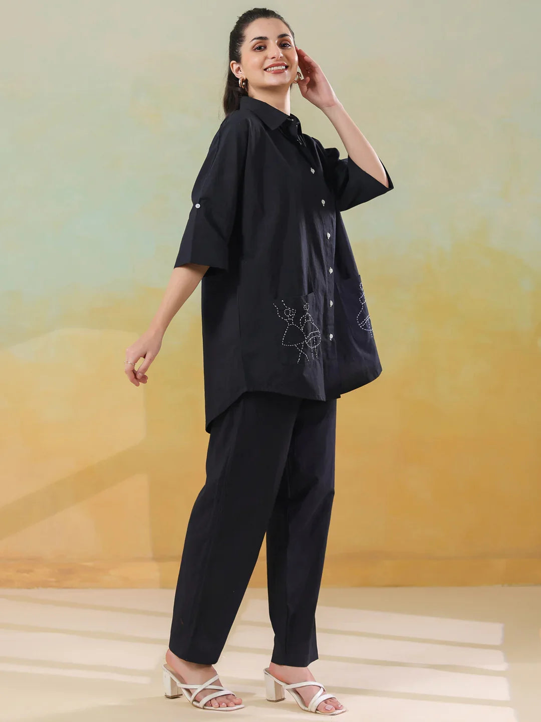 Black Color Shirt Collar Pure Cotton Co-ords Set for Women - SanskrutiHomes 