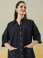 Black Color Shirt Collar Pure Cotton Co-ords Set for Women - SanskrutiHomes 