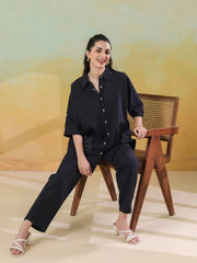 Black Color Shirt Collar Pure Cotton Co-ords Set for Women - SanskrutiHomes 