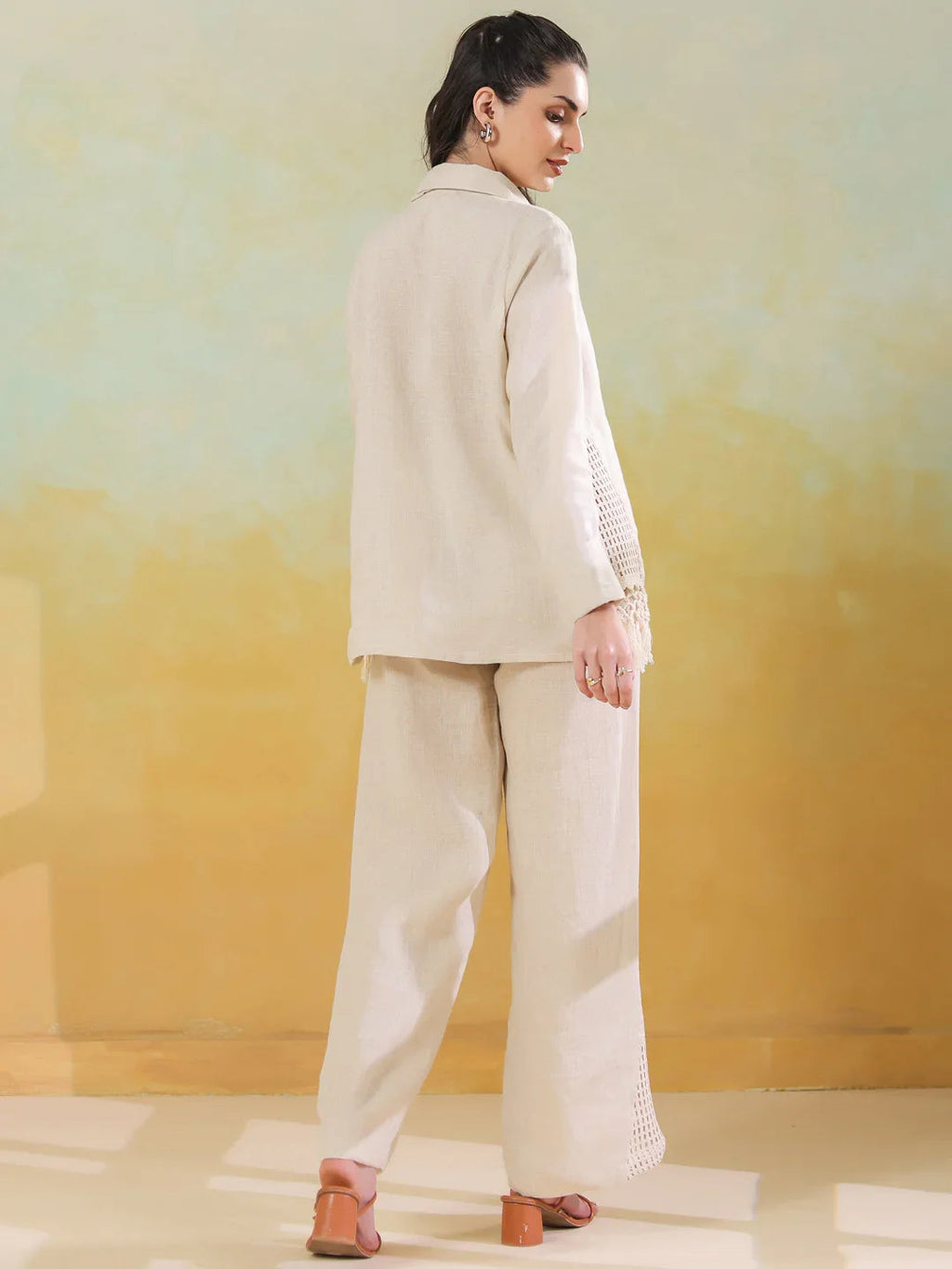 Cream Linen Shirt Collar Co-Ord-Set for Women - SanskrutiHomes 