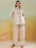 Cream Linen Shirt Collar Co-Ord-Set for Women - SanskrutiHomes 