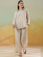 Cream Linen Shirt Collar Co-Ord-Set for Women - SanskrutiHomes 