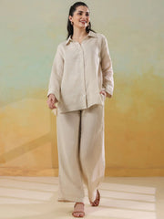 Cream Linen Shirt Collar Co-Ord-Set for Women - SanskrutiHomes 