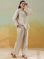 Cream Linen Shirt Collar Co-Ord-Set for Women - SanskrutiHomes 