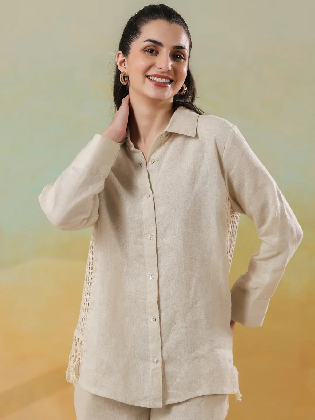 Cream Linen Shirt Collar Co-Ord-Set for Women - SanskrutiHomes 