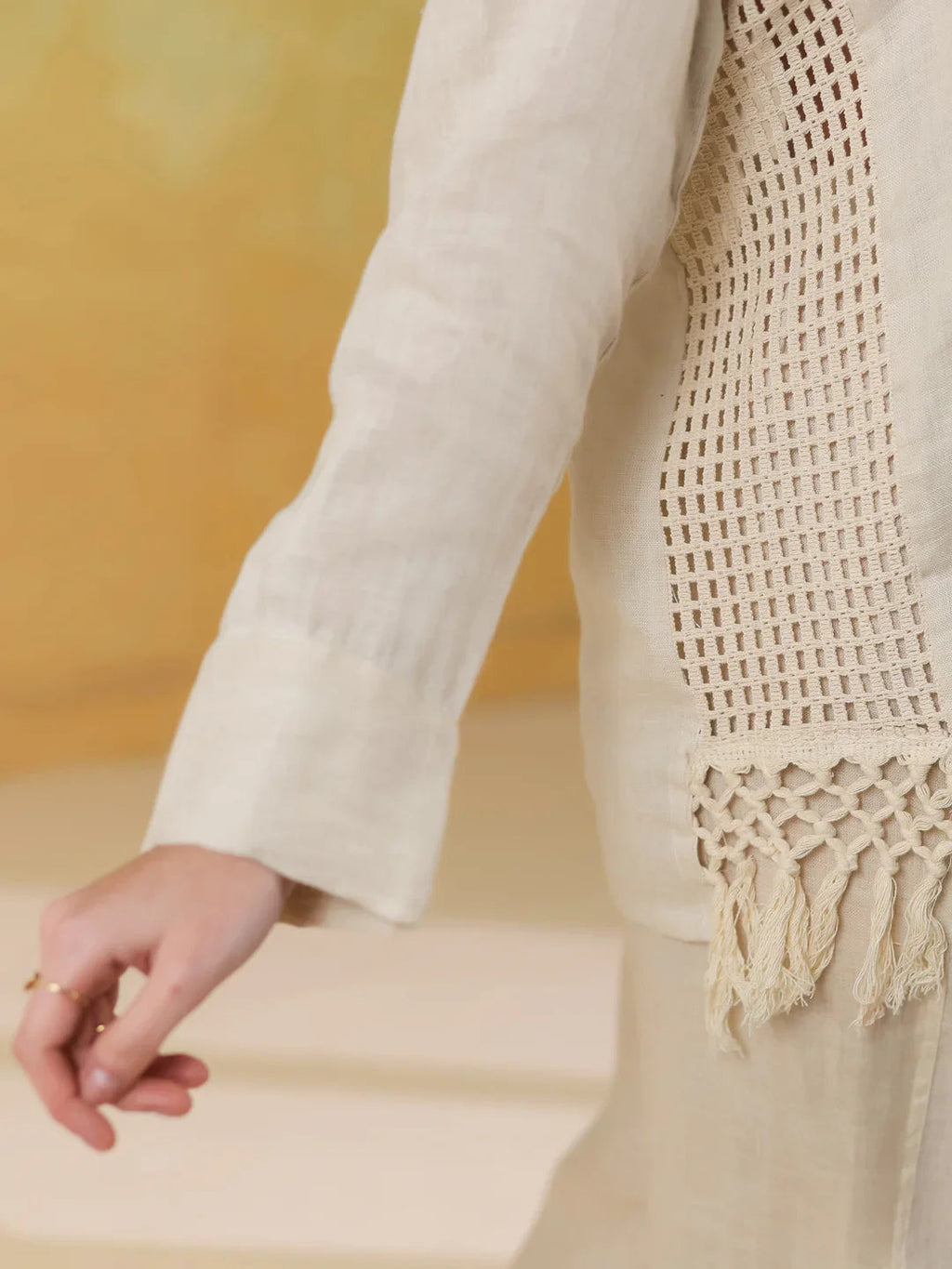 Cream Linen Shirt Collar Co-Ord-Set for Women - SanskrutiHomes 