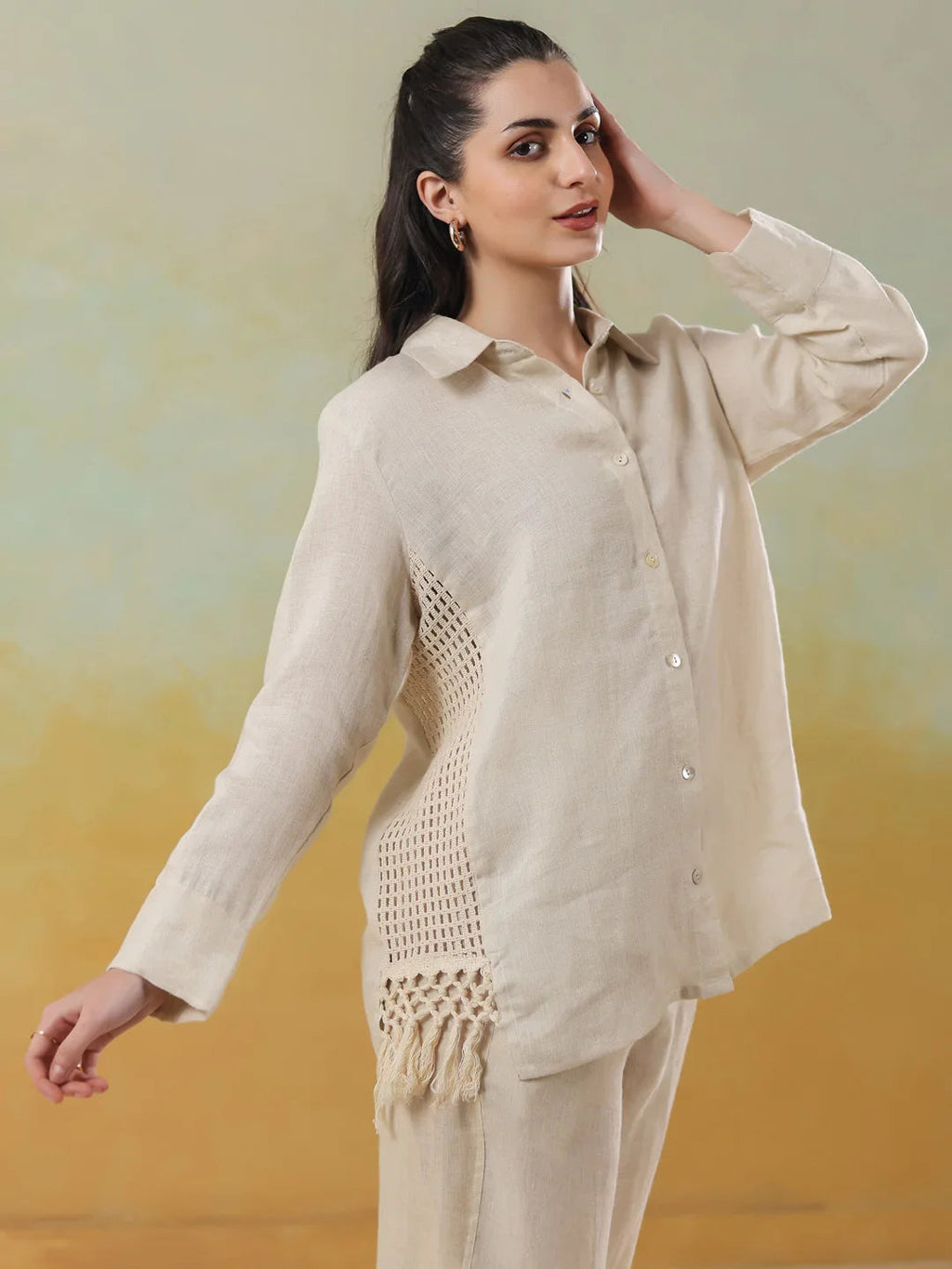 Cream Linen Shirt Collar Co-Ord-Set for Women - SanskrutiHomes 