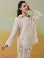 Cream Linen Shirt Collar Co-Ord-Set for Women - SanskrutiHomes 