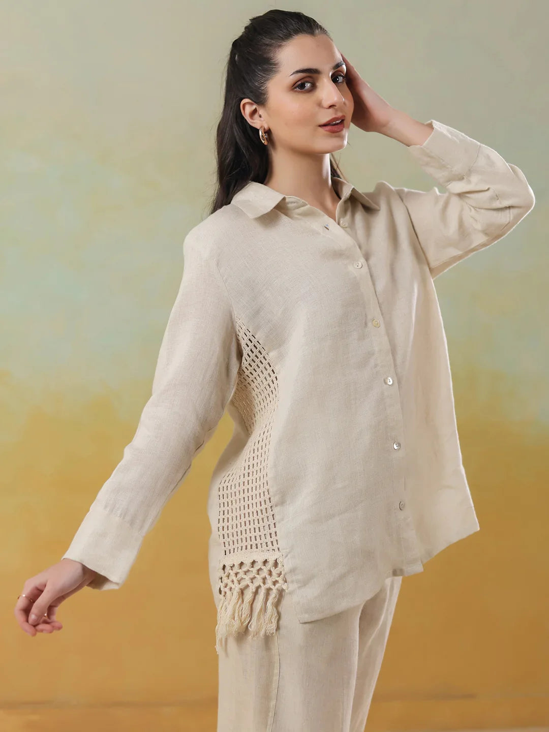 Cream Linen Shirt Collar Co-Ord-Set for Women - SanskrutiHomes 