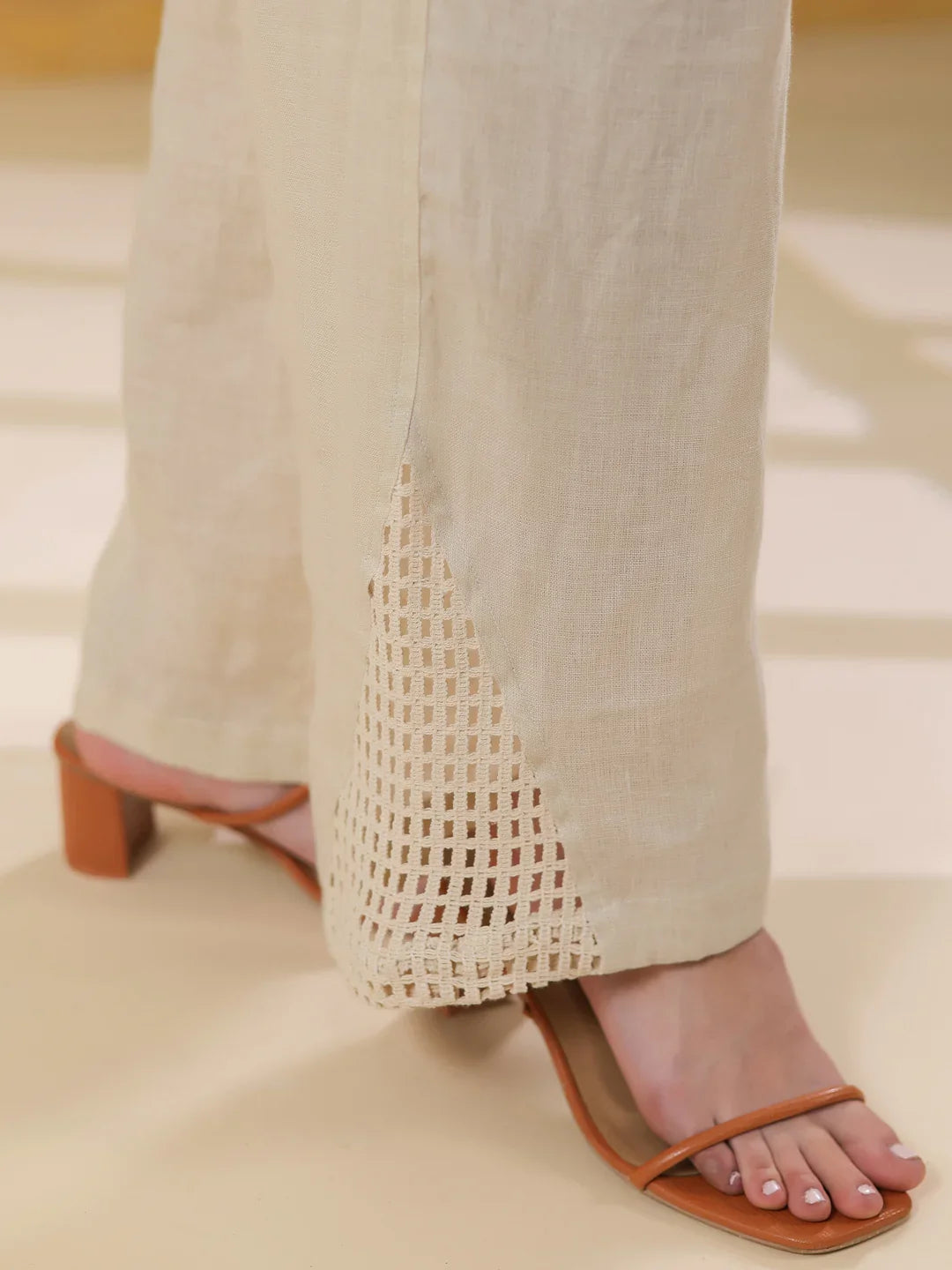 Cream Linen Shirt Collar Co-Ord-Set for Women - SanskrutiHomes 