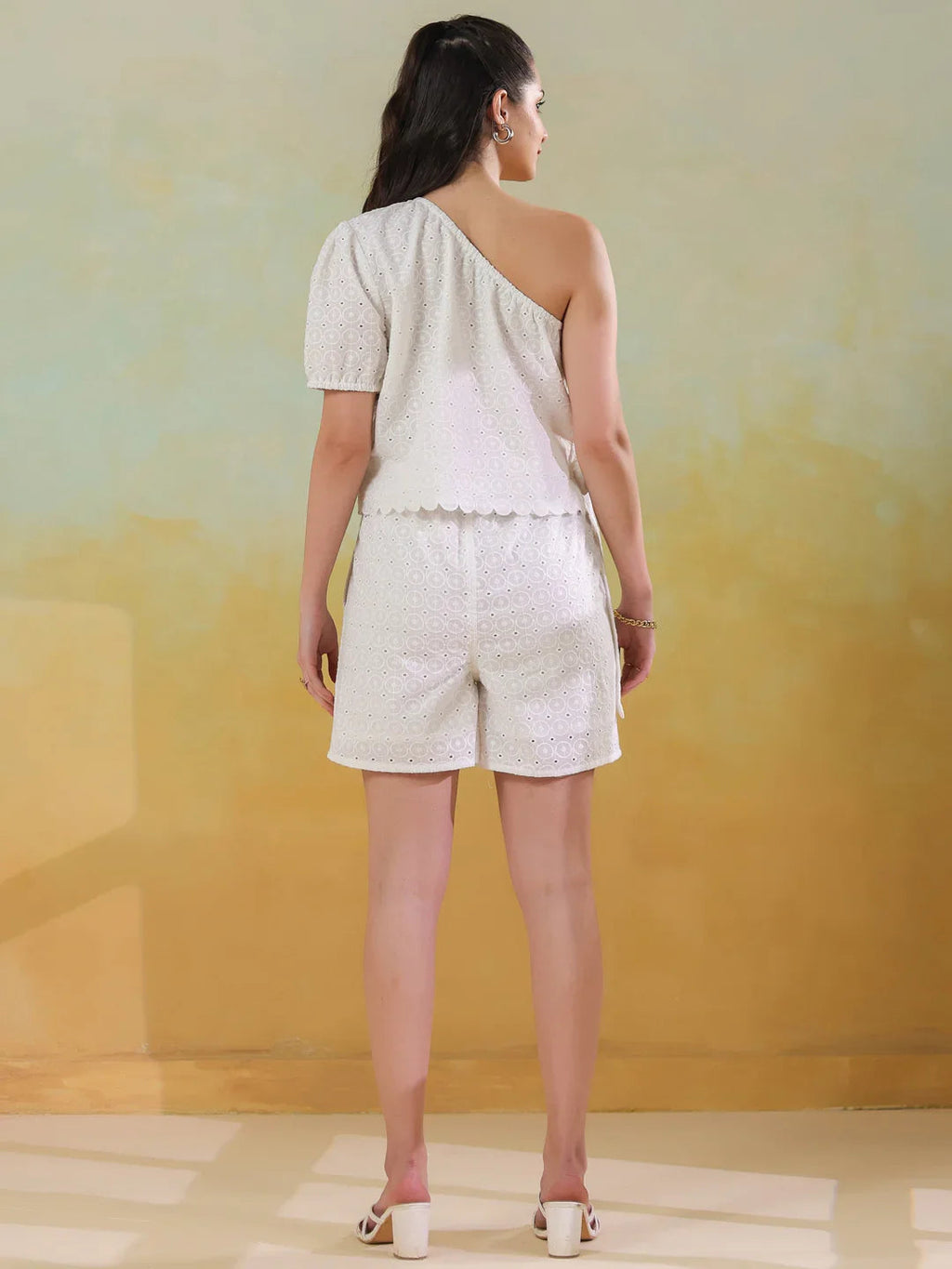 White Color Round Neck Pure Cotton Co-ords Set for Women - SanskrutiHomes 