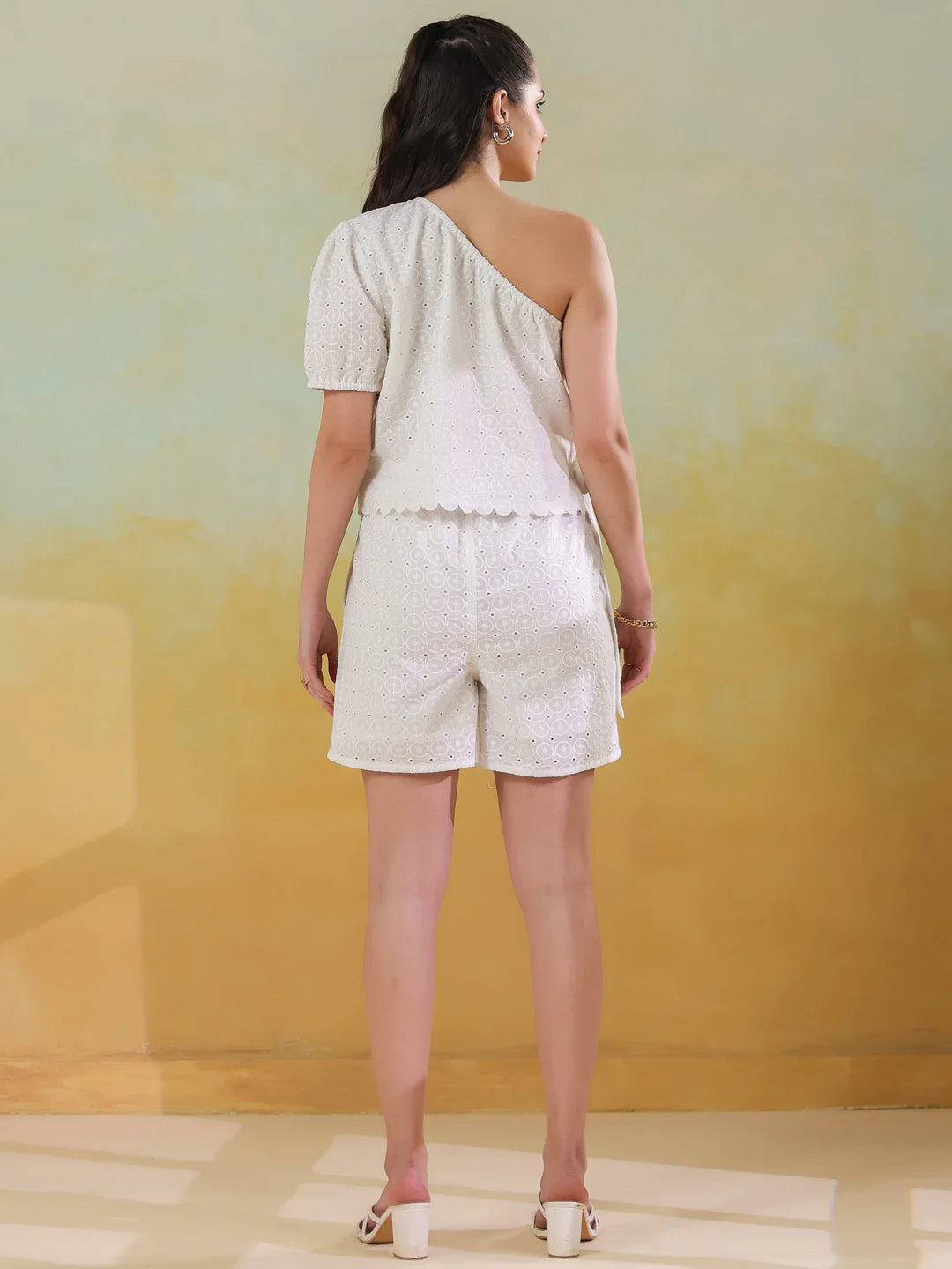 White Color Round Neck Pure Cotton Co-ords Set for Women - SanskrutiHomes 