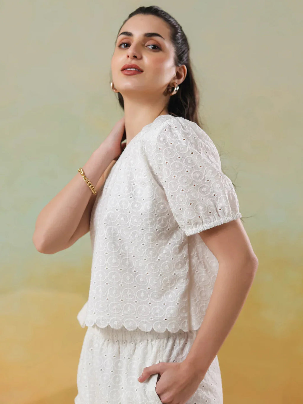 White Color Round Neck Pure Cotton Co-ords Set for Women - SanskrutiHomes 