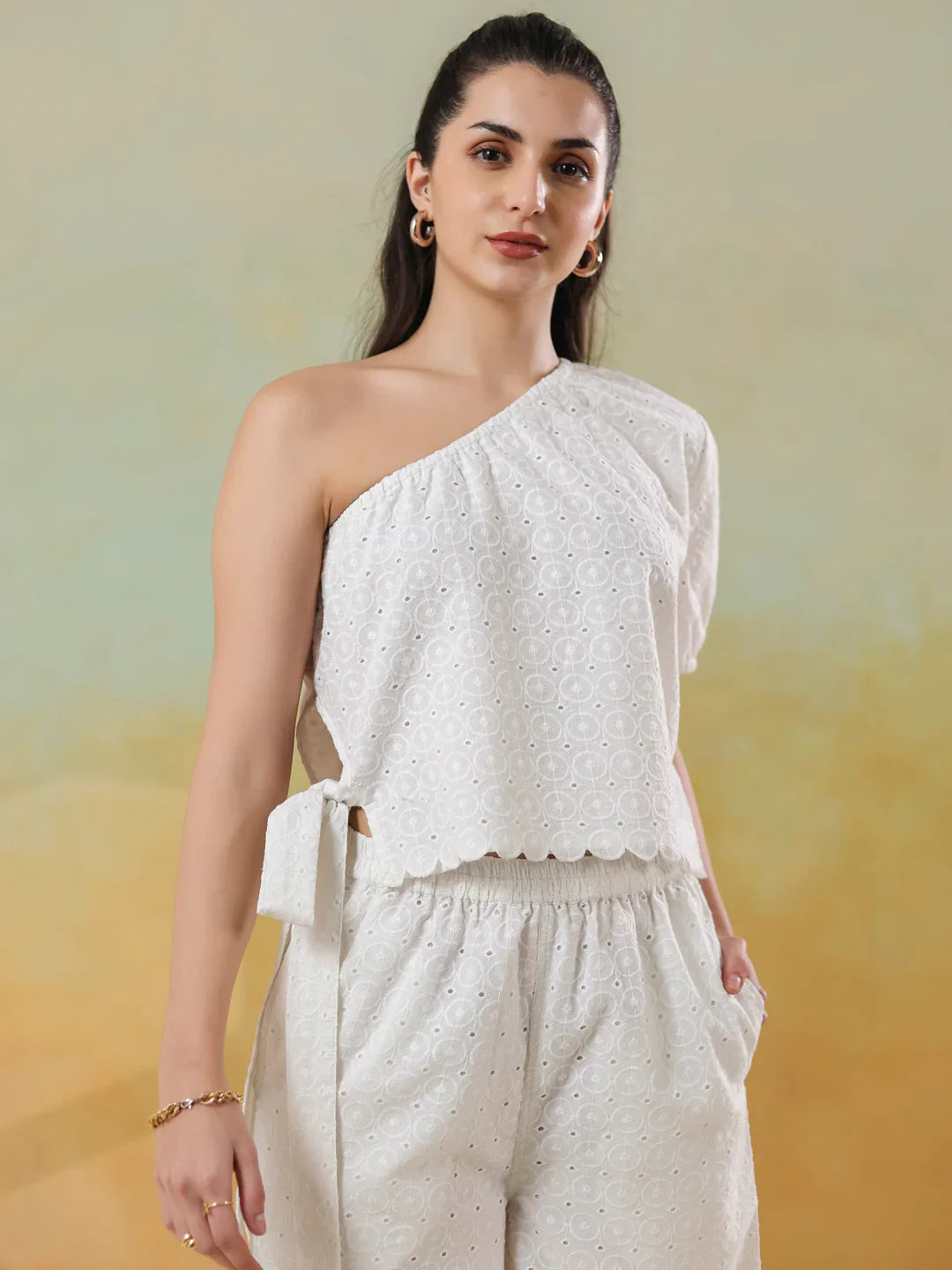 White Color Round Neck Pure Cotton Co-ords Set for Women - SanskrutiHomes 