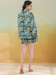 Blue floral shirt collar co-ord-set foe women and girls - SanskrutiHomes 