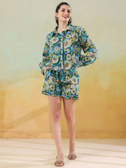 Blue floral shirt collar co-ord-set foe women and girls - SanskrutiHomes 