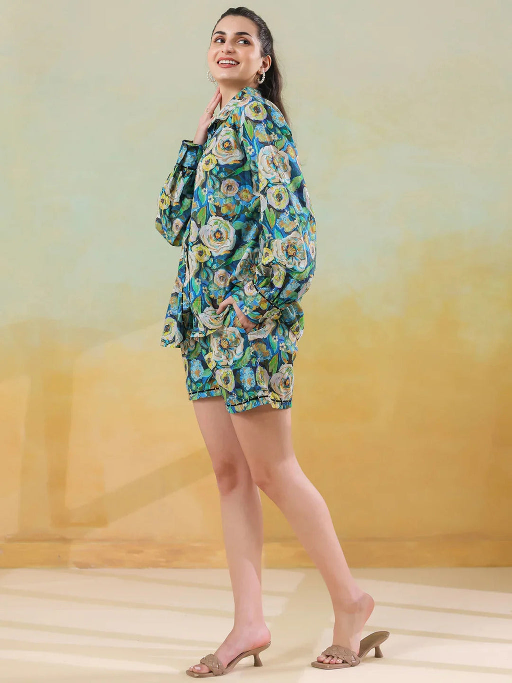 Blue floral shirt collar co-ord-set foe women and girls - SanskrutiHomes 