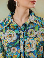 Blue floral shirt collar co-ord-set foe women and girls - SanskrutiHomes 