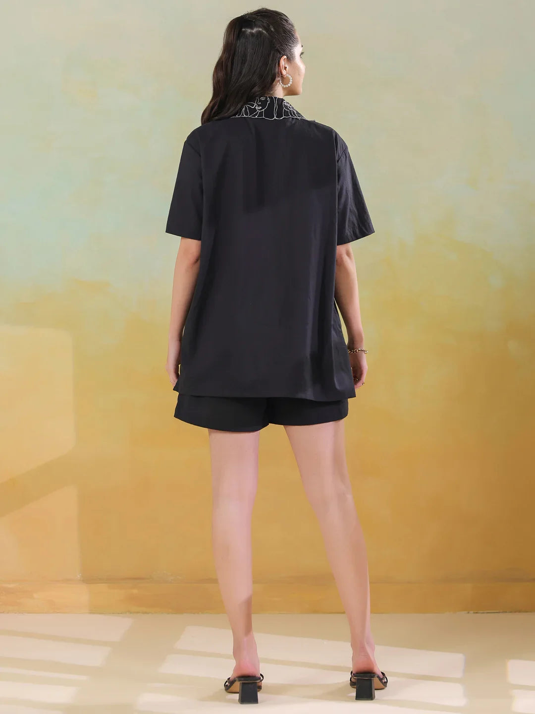 Black Shirt Collar Pure Cotton Co-ords Set for Women - SanskrutiHomes 