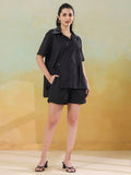 Black Shirt Collar Pure Cotton Co-ords Set for Women - SanskrutiHomes 