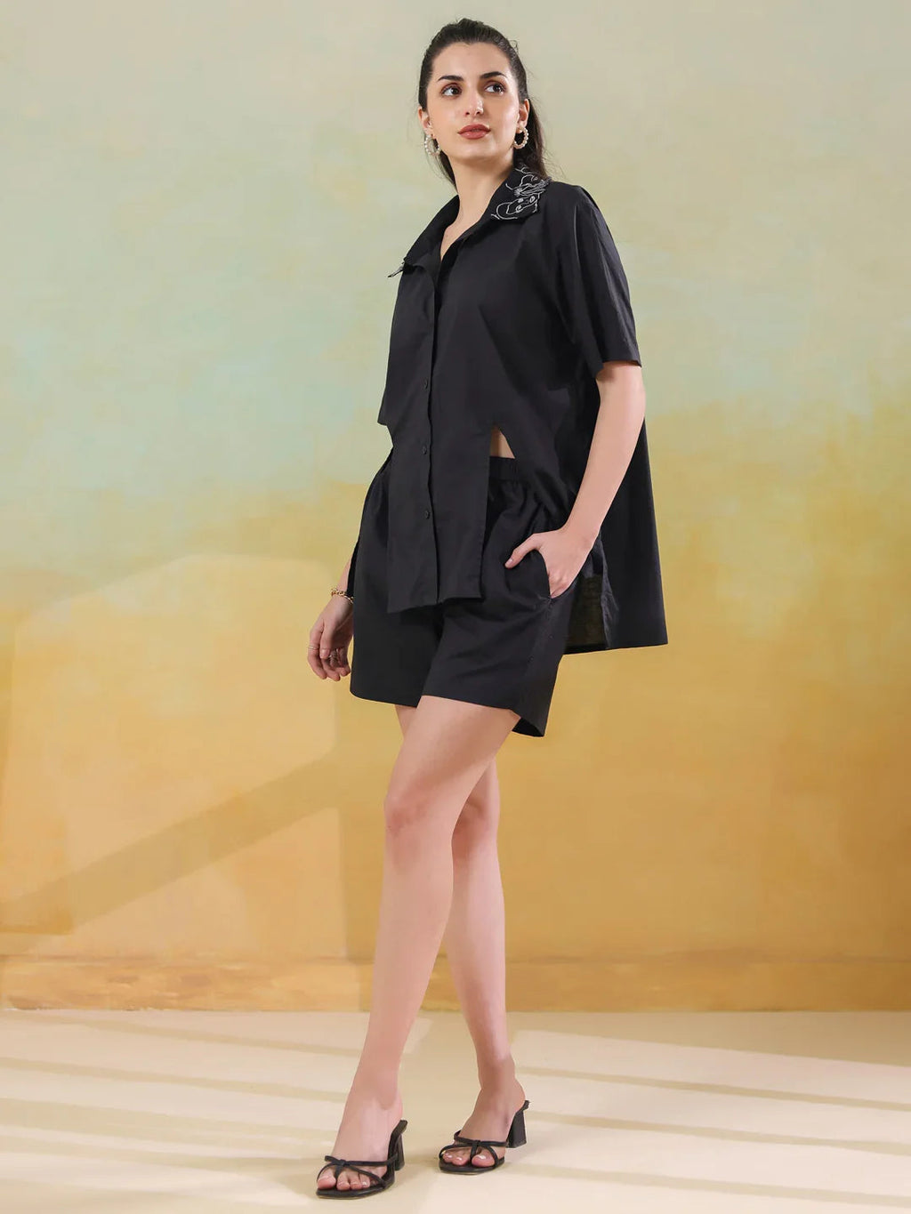 Black Shirt Collar Pure Cotton Co-ords Set for Women - SanskrutiHomes 