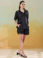 Black Shirt Collar Pure Cotton Co-ords Set for Women - SanskrutiHomes 