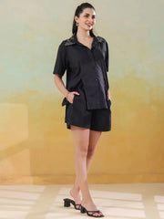 Black Shirt Collar Pure Cotton Co-ords Set for Women - SanskrutiHomes 