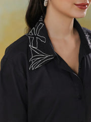 Black Shirt Collar Pure Cotton Co-ords Set for Women - SanskrutiHomes 