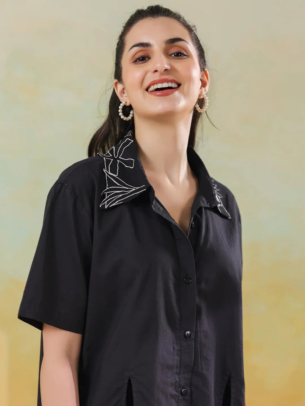 Black Shirt Collar Pure Cotton Co-ords Set for Women - SanskrutiHomes 