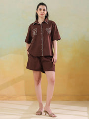 Brown V-Neck Pure Cotton Top Printed Co-ords Set for Women - SanskrutiHomes 