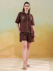 Brown Printed Cotton Co-ords Set for Women - SanskrutiHomes 