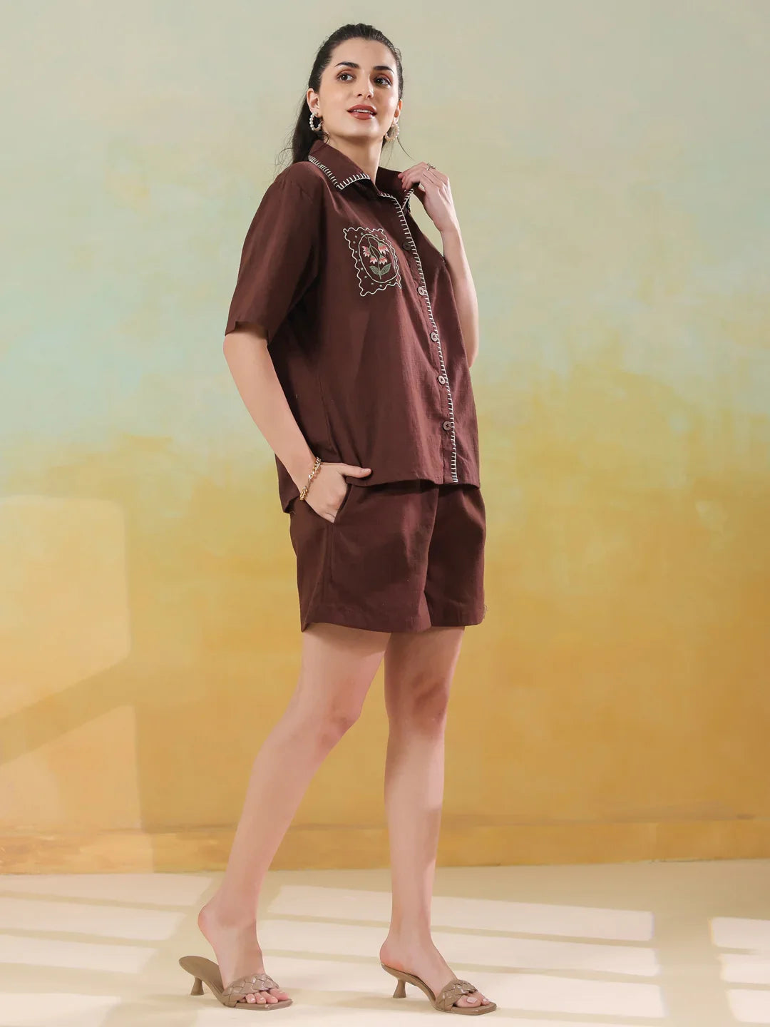 Brown Printed Cotton Co-ords Set for Women - SanskrutiHomes 