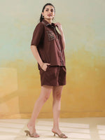 Brown V-Neck Pure Cotton Top Printed Co-ords Set for Women - SanskrutiHomes 