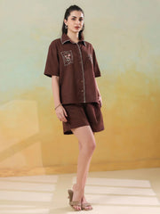 Brown Printed Cotton Co-ords Set for Women - SanskrutiHomes 