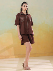 Brown Printed Cotton Co-ords Set for Women - SanskrutiHomes 