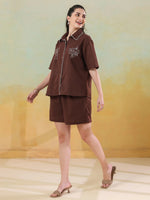 Brown V-Neck Pure Cotton Top Printed Co-ords Set for Women - SanskrutiHomes 