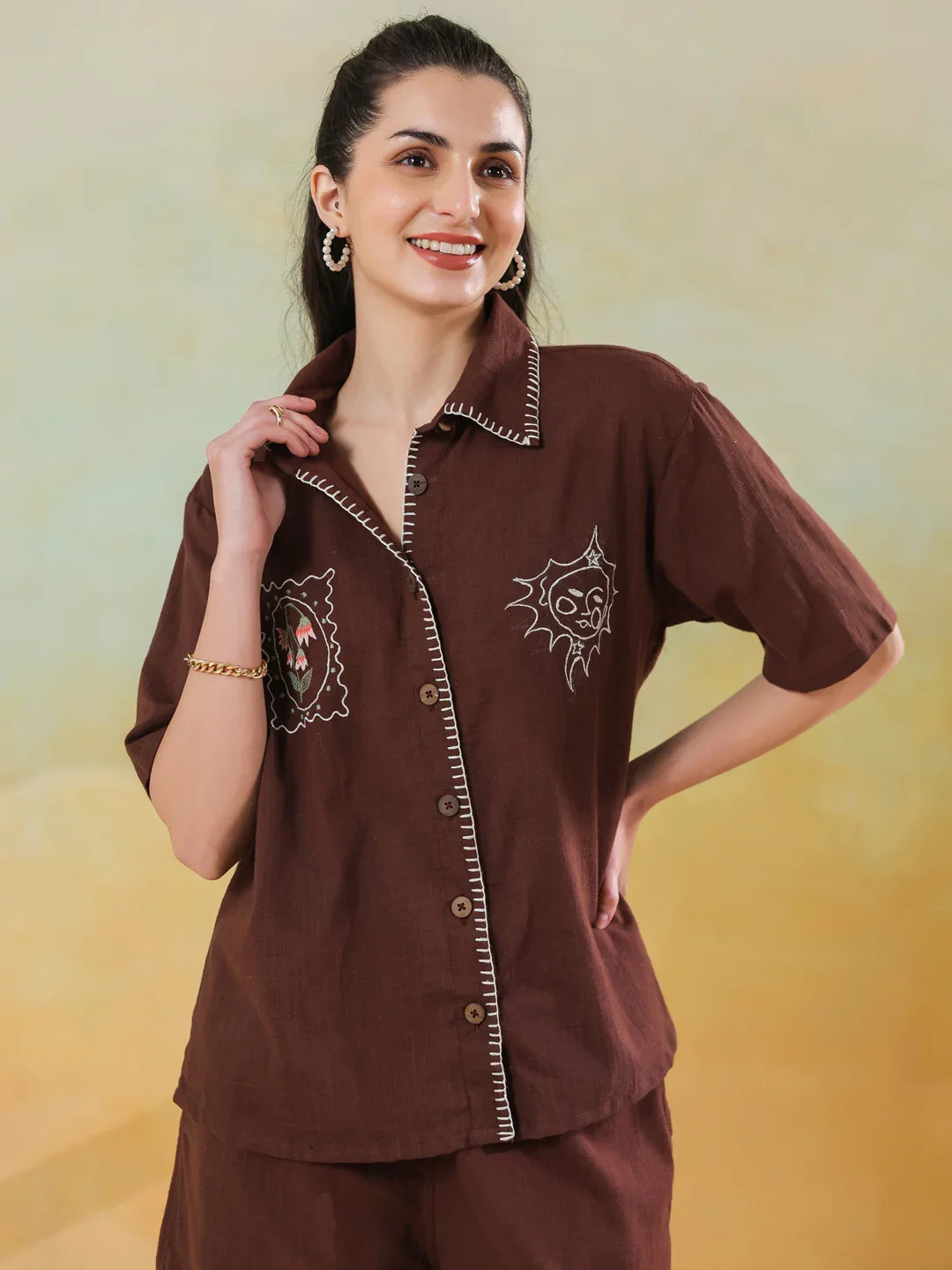 Brown V-Neck Pure Cotton Top Printed Co-ords Set for Women - SanskrutiHomes 
