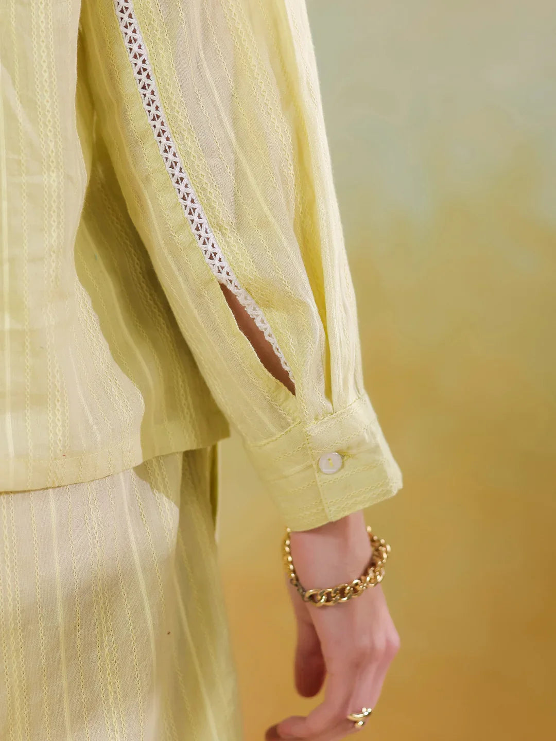 Yellow Shirt Collar Pure Cotton Co-ords Set for Women - SanskrutiHomes 