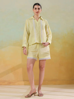 Yellow Shirt Collar Pure Cotton Co-ords Set for Women - SanskrutiHomes 