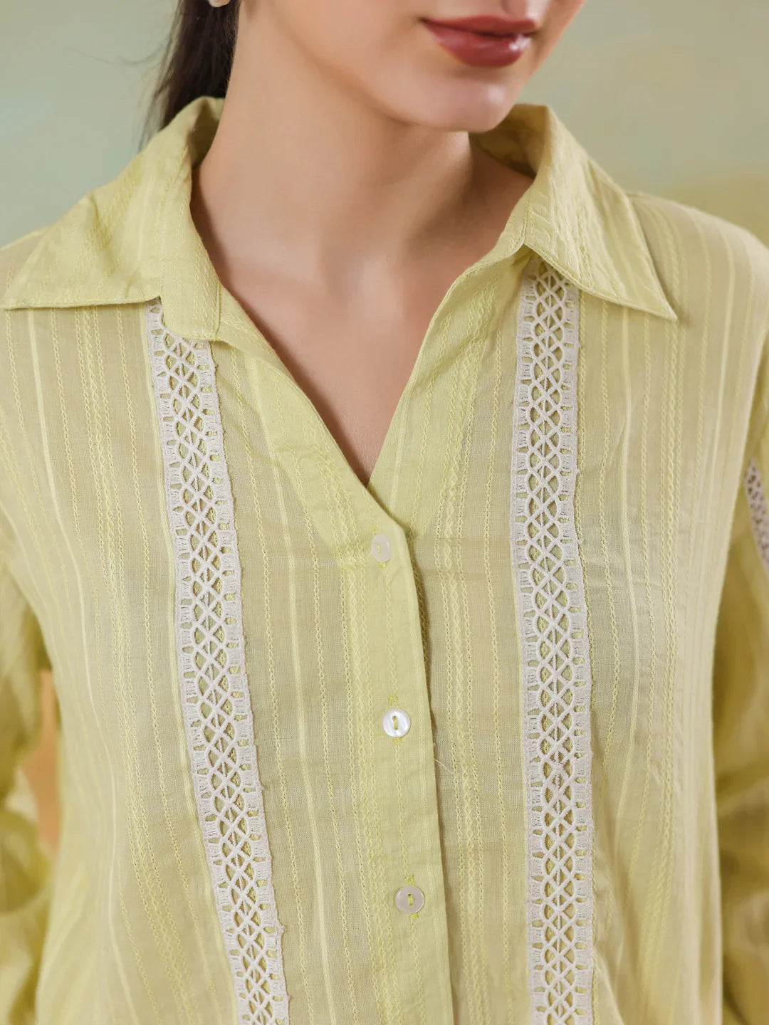 Yellow Shirt Collar Pure Cotton Co-ords Set for Women - SanskrutiHomes 