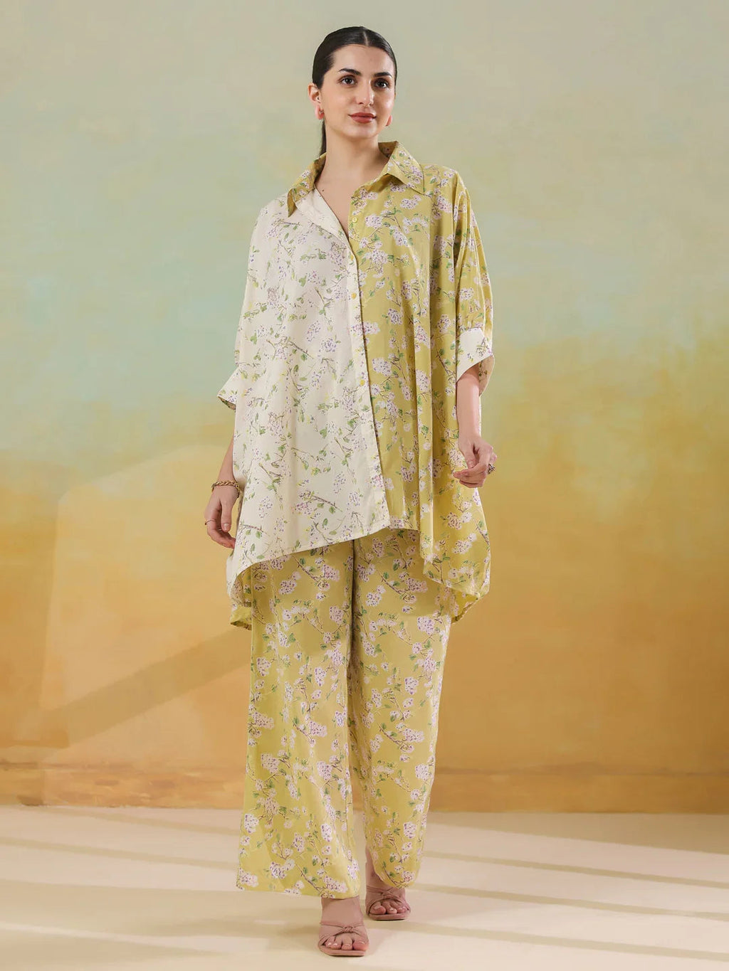 Lime Green Shirt Collar Pure Cotton Co-ords Set for Women - SanskrutiHomes 