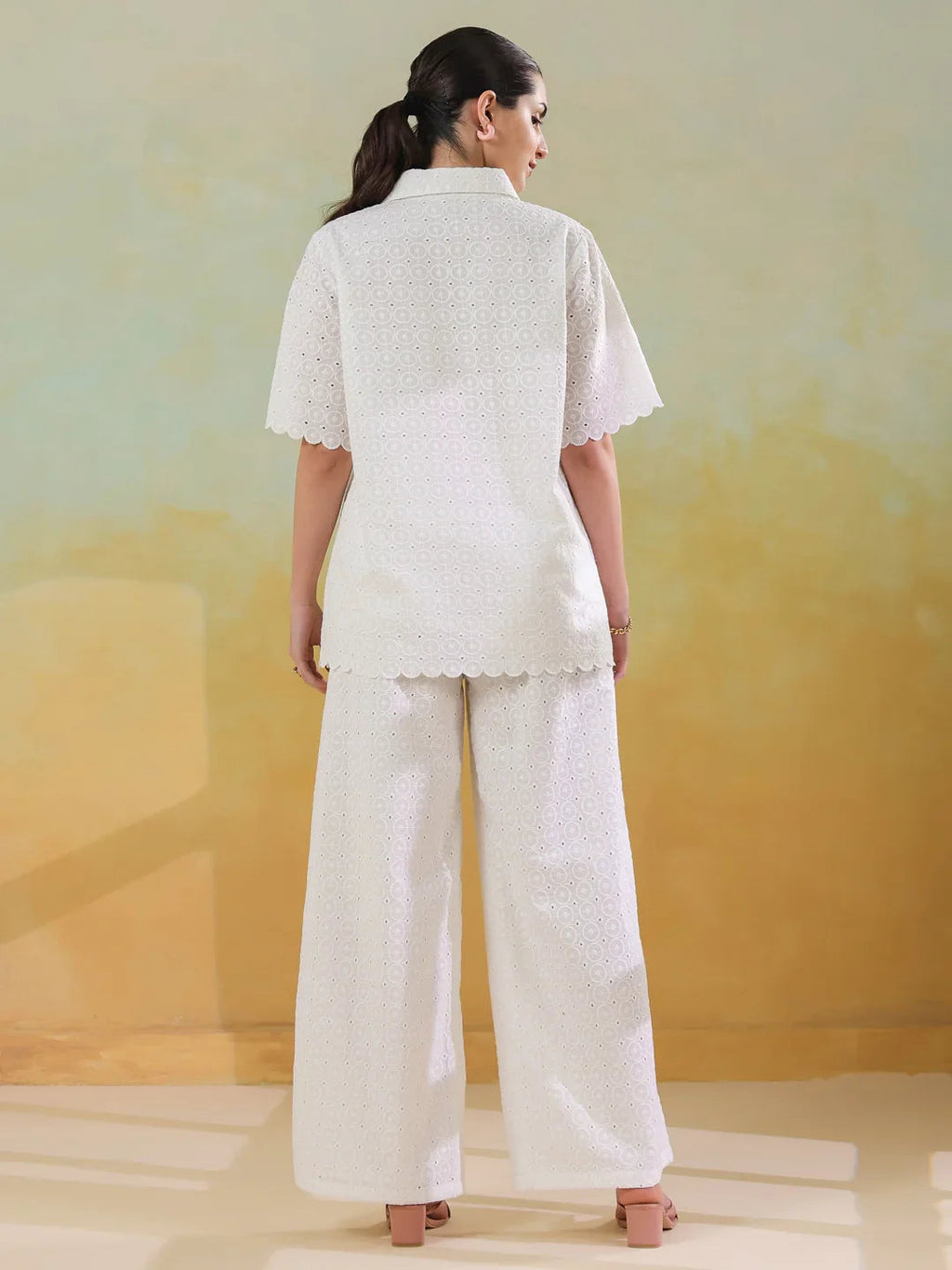 White Color Shirt Collar Pure Cotton Co-ords Set for Women - SanskrutiHomes 