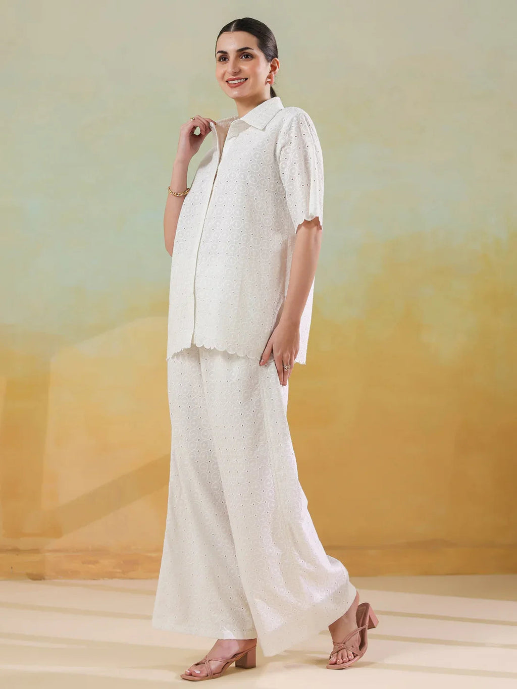 White Color Shirt Collar Pure Cotton Co-ords Set for Women - SanskrutiHomes 