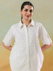 White Color Shirt Collar Pure Cotton Co-ords Set for Women - SanskrutiHomes 