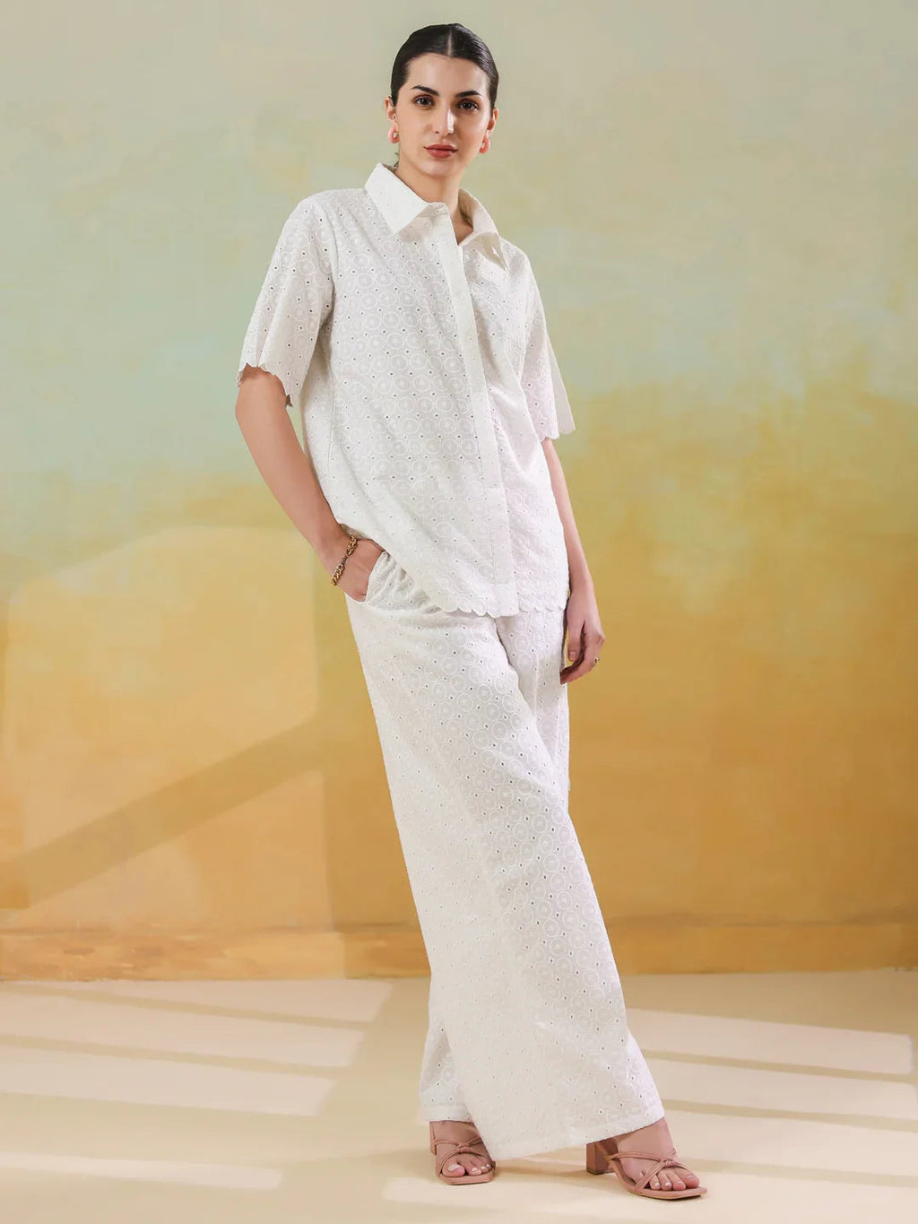 White Color Shirt Collar Pure Cotton Co-ords Set for Women - SanskrutiHomes 