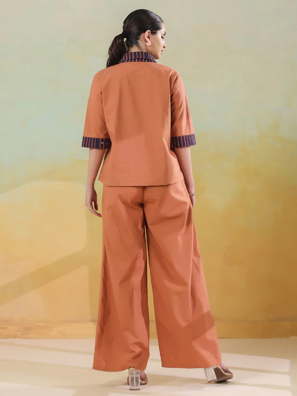 Brown Polyester Shirt Collar Co-Ord Set For Women - SanskrutiHomes 